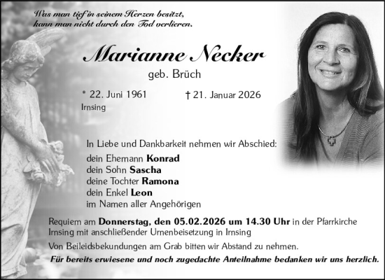 Traueranzeige von Marianne Necker von Mittelbayerische Zeitung Kelheim