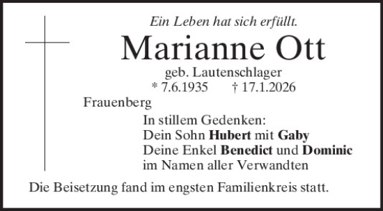 Traueranzeige von Marianne Ott von Mittelbayerische Zeitung Regensburg