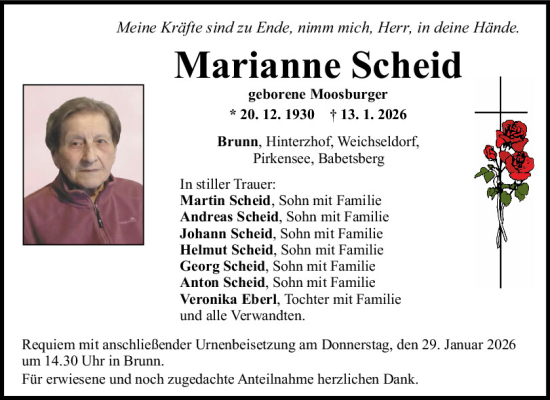 Traueranzeige von Marianne Scheid von Mittelbayerische Zeitung Regensburg