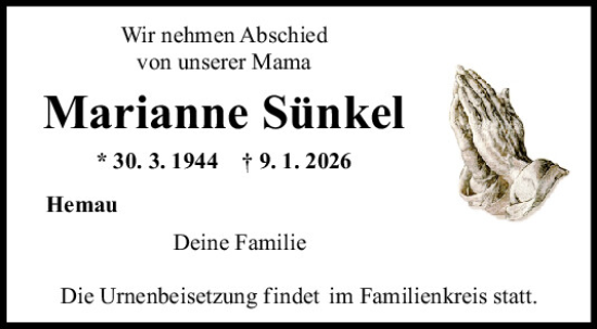 Traueranzeige von Marianne Sünkel von Mittelbayerische Zeitung Regensburg