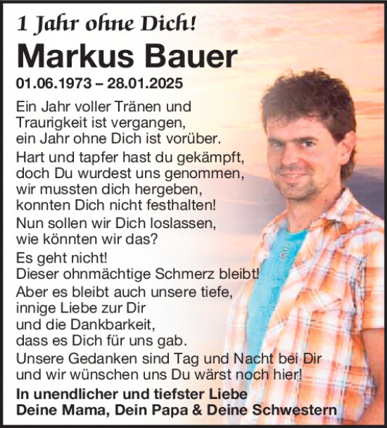 Traueranzeige von Markus Bauer von Mittelbayerische Zeitung Schwandorf