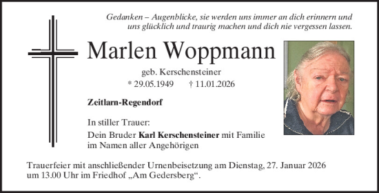 Traueranzeige von Marlen Woppmann von Mittelbayerische Zeitung Regensburg