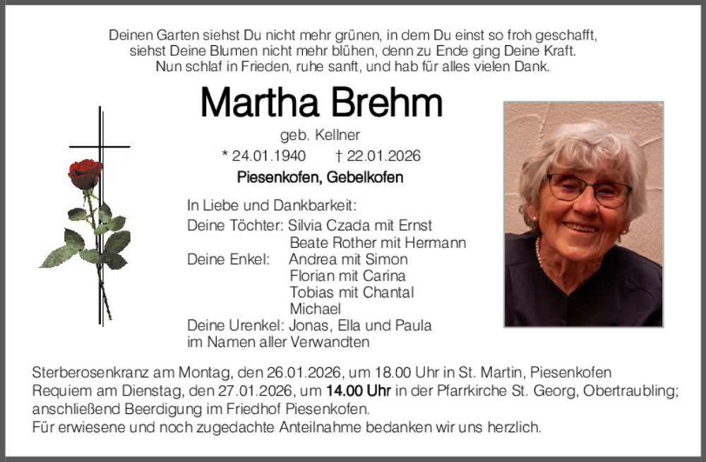  Traueranzeige für Martha Brehm vom 24.01.2026 aus Mittelbayerische Zeitung Regensburg