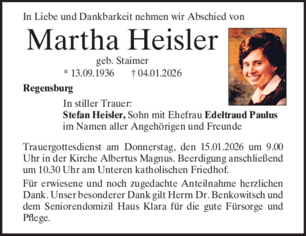  Traueranzeige für Martha Heisler vom 10.01.2026 aus Mittelbayerische Zeitung Regensburg