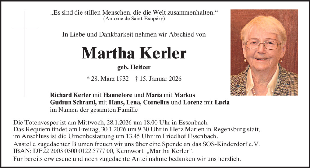  Traueranzeige für Martha Kerler vom 24.01.2026 aus Mittelbayerische Zeitung Regensburg