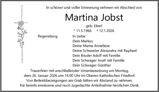Traueranzeige von Martina Jobst von Mittelbayerische Zeitung Regensburg