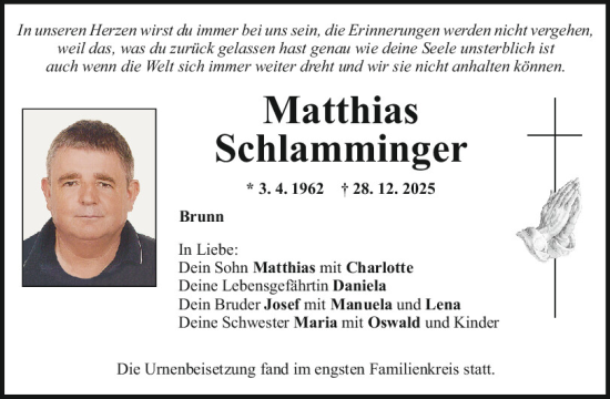 Traueranzeige von Matthias Schlamminger von Mittelbayerische Zeitung Regensburg