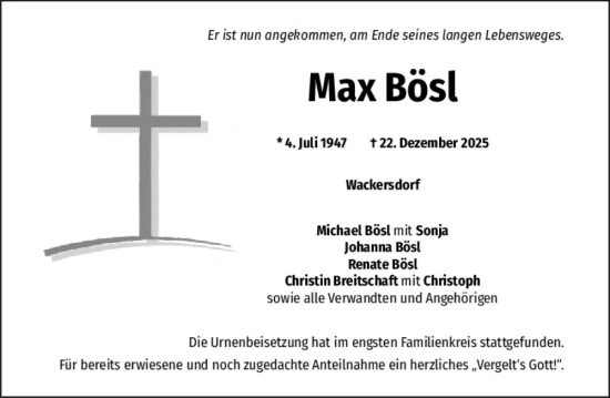 Traueranzeige von Max Bösl von Mittelbayerische Zeitung Schwandorf