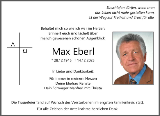 Traueranzeige von Max Eberl von Mittelbayerische Zeitung Regensburg