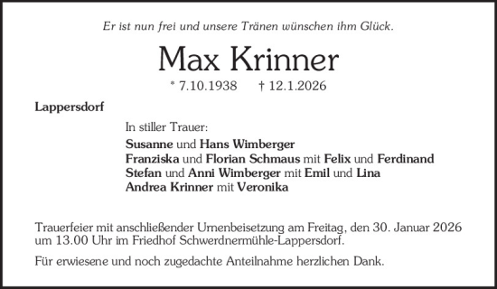 Traueranzeige von Max Krinner von Mittelbayerische Zeitung Regensburg