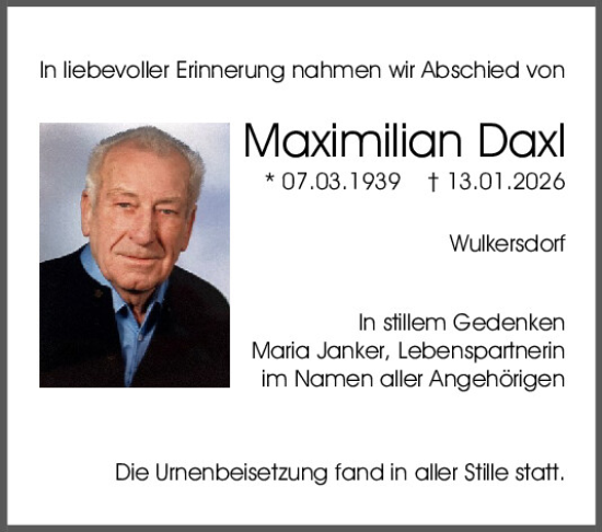 Traueranzeige von Maximilian Daxl von Mittelbayerische Zeitung Schwandorf