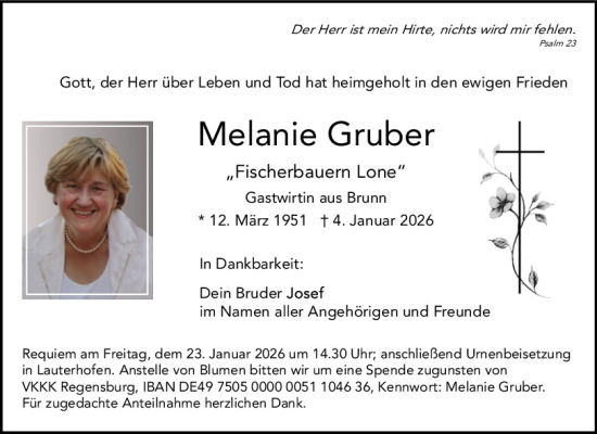 Traueranzeige von Melanie Gruber von Neumarkter Tagblatt