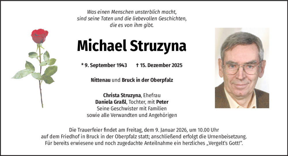  Traueranzeige für Michael Struzyna vom 03.01.2026 aus Mittelbayerische Zeitung Schwandorf, Mittelbayerische Zeitung Regensburg