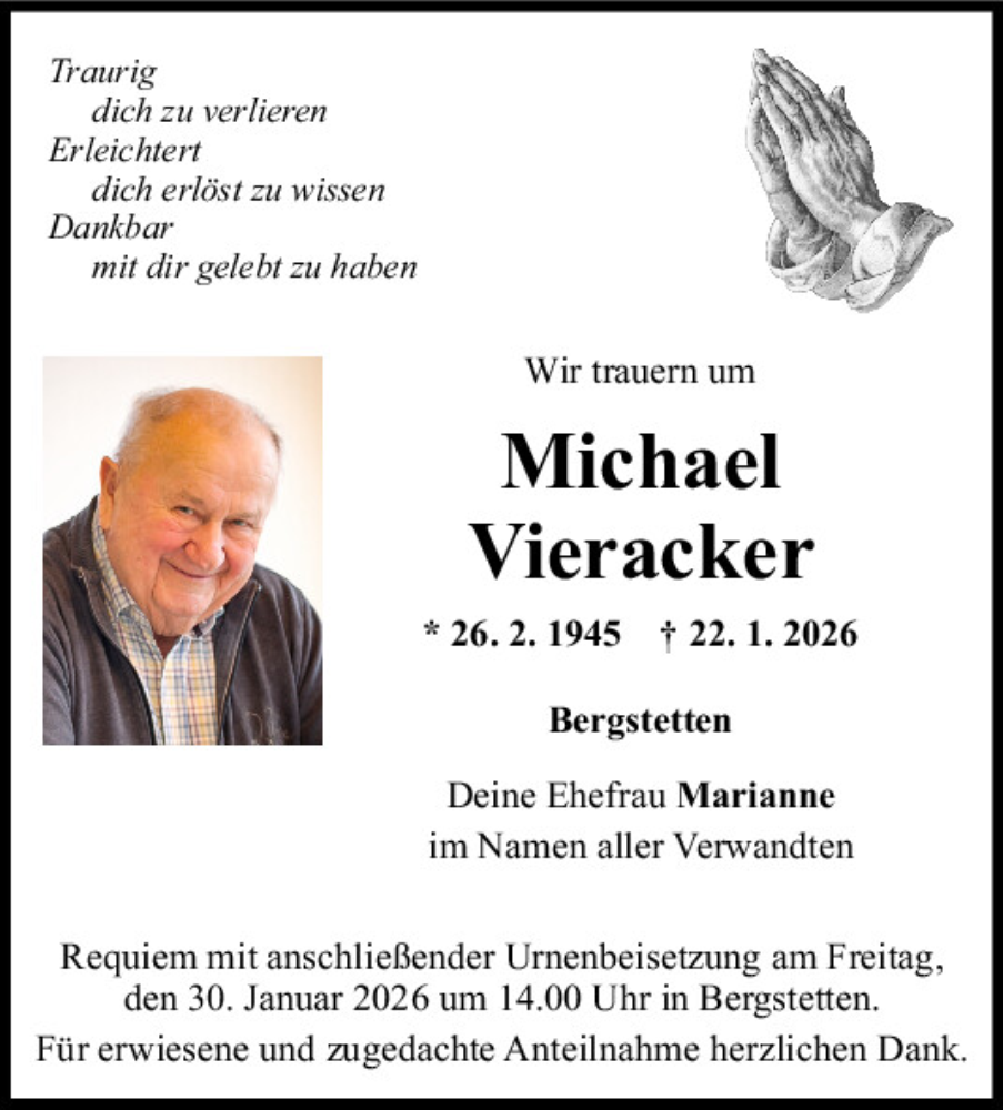  Traueranzeige für Michael Vieracker vom 28.01.2026 aus Mittelbayerische Zeitung Regensburg