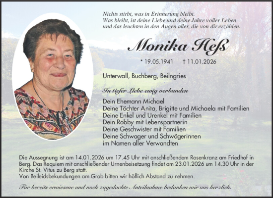 Traueranzeige von Monika Heß von Neumarkter Tagblatt