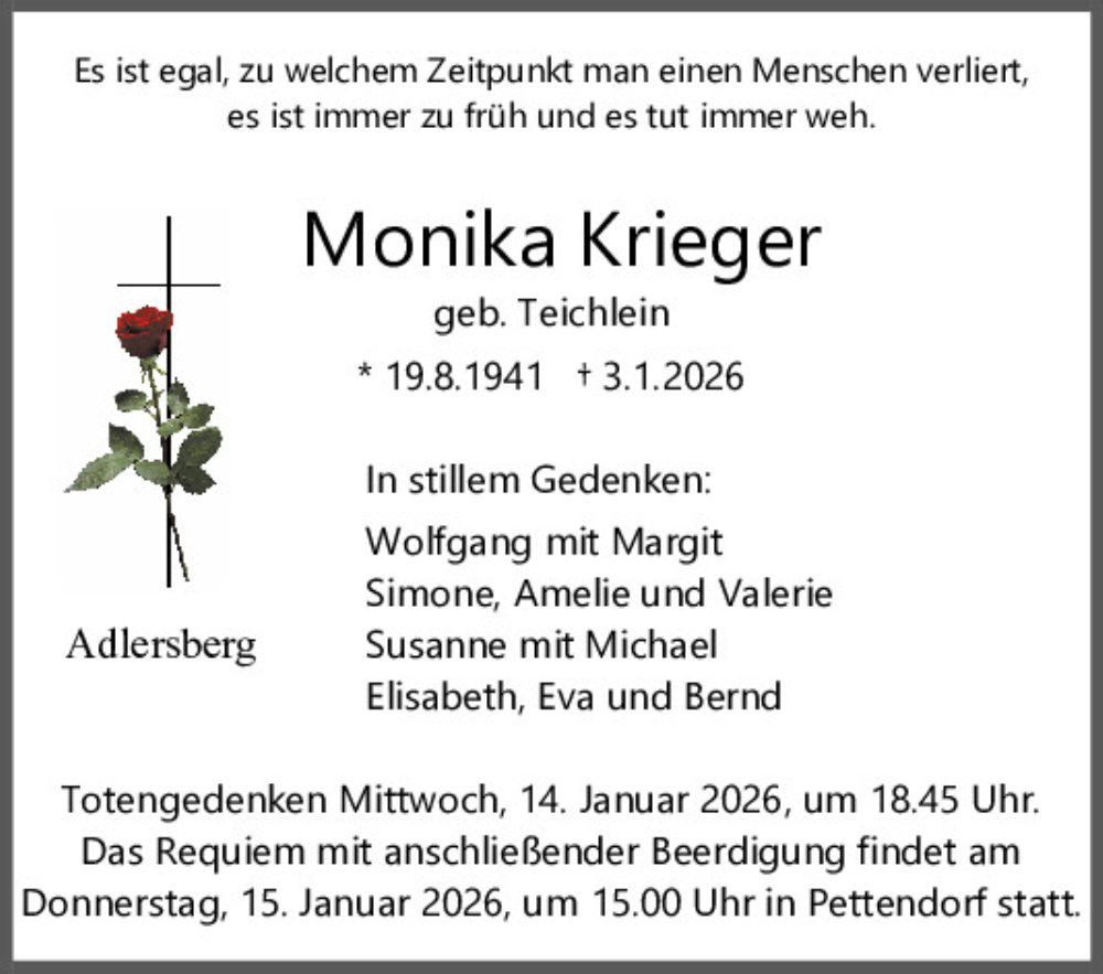  Traueranzeige für Monika Krieger vom 10.01.2026 aus Mittelbayerische Zeitung Regensburg
