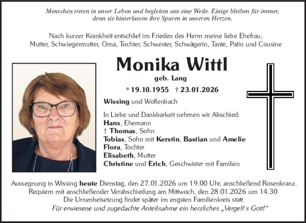  Traueranzeige für Monika Wittl vom 27.01.2026 aus Neumarkter Tagblatt