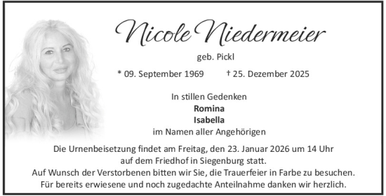 Traueranzeige von Nicole Niedermeier von Mittelbayerische Zeitung Kelheim