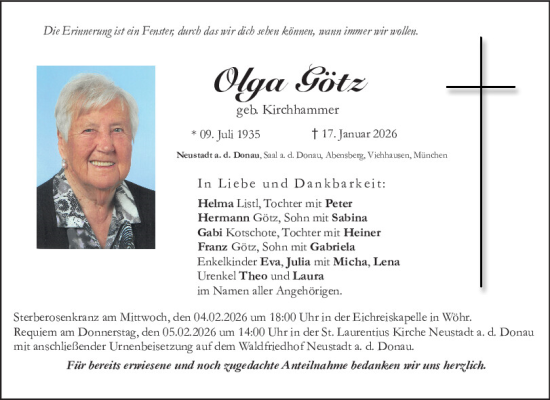 Traueranzeige von Olga Götz von Mittelbayerische Zeitung Kelheim