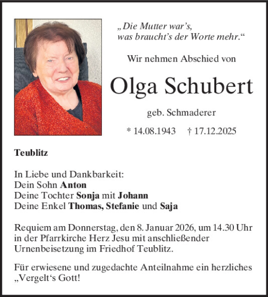 Traueranzeige von Olga Schubert von Mittelbayerische Zeitung Schwandorf