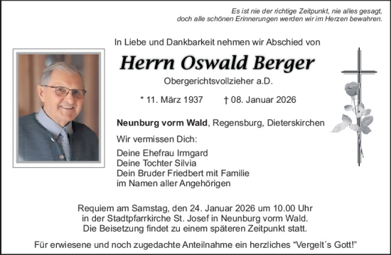 Traueranzeige von Oswald Berger von Mittelbayerische Zeitung Schwandorf