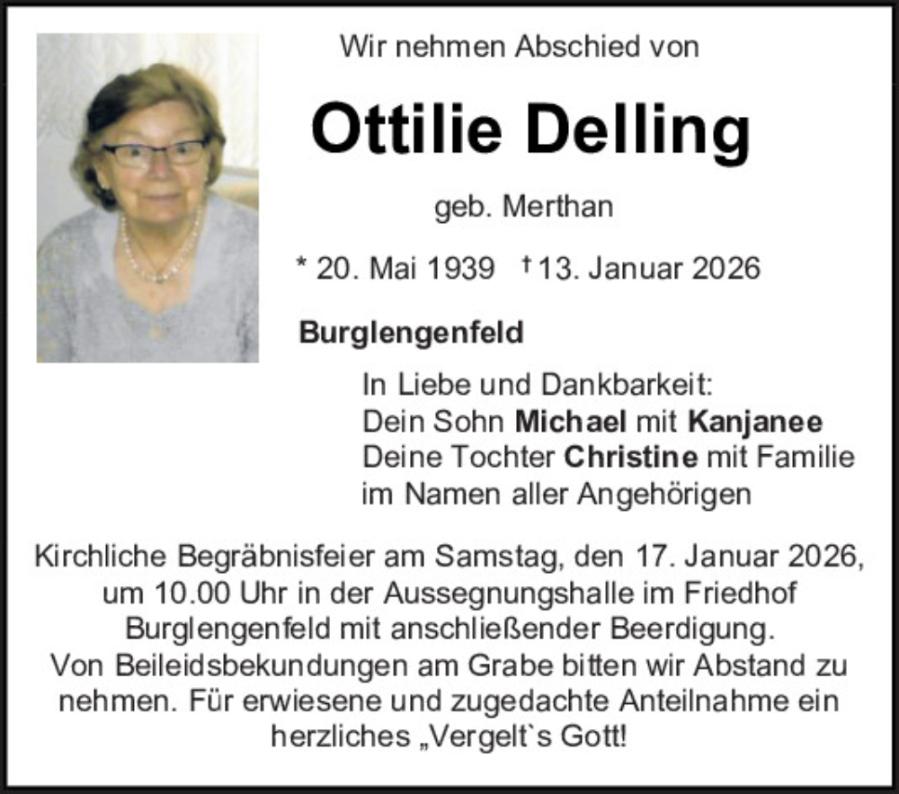 Traueranzeige für Ottilie Delling vom 15.01.2026 aus Mittelbayerische Zeitung Schwandorf