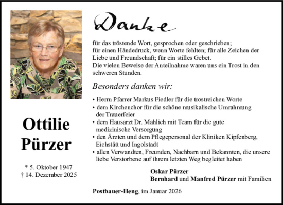 Traueranzeige von Ottilie Pürzer von Neumarkter Tagblatt