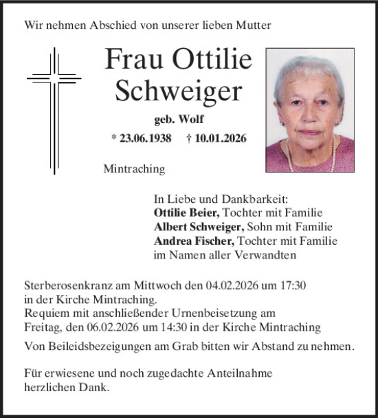 Traueranzeige von Ottilie Schweiger von Mittelbayerische Zeitung Regensburg