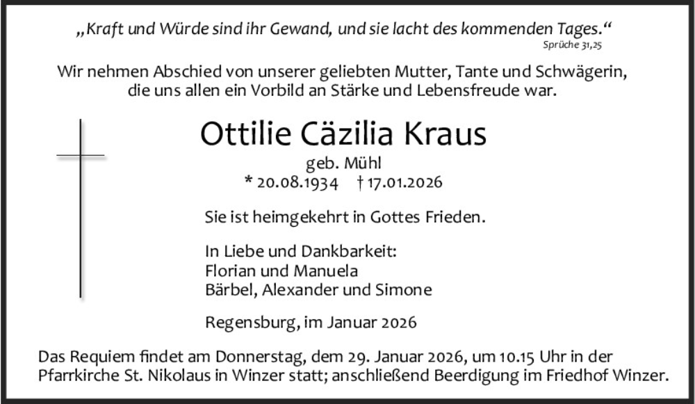  Traueranzeige für Ottilie Cäzilia Kraus vom 24.01.2026 aus Mittelbayerische Zeitung Regensburg