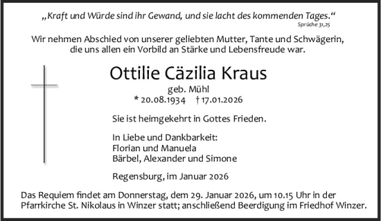 Traueranzeige von Ottilie Cäzilia Kraus von Mittelbayerische Zeitung Regensburg