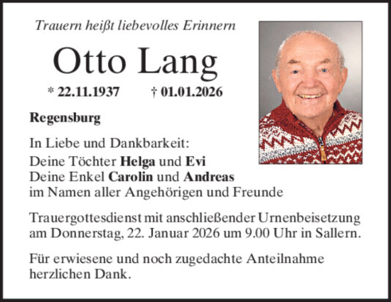 Traueranzeige von Otto Lang von Mittelbayerische Zeitung Regensburg