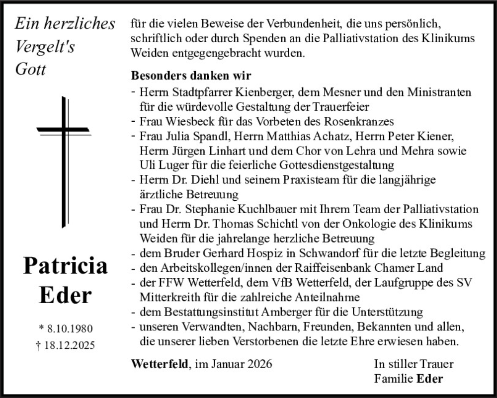  Traueranzeige für Patricia Eder vom 24.01.2026 aus Bayerwald Echo