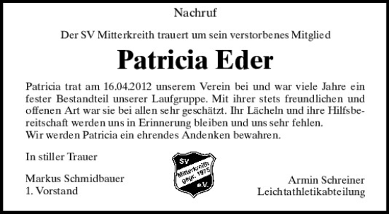 Traueranzeige von Patricia Eder von Bayerwald Echo