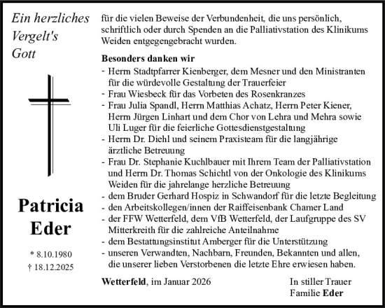 Traueranzeige von Patricia Eder von Bayerwald Echo