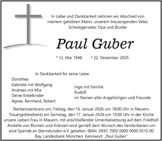 Traueranzeige von Paul Guber von Mittelbayerische Zeitung Regensburg, Mittelbayerische Zeitung Kelheim