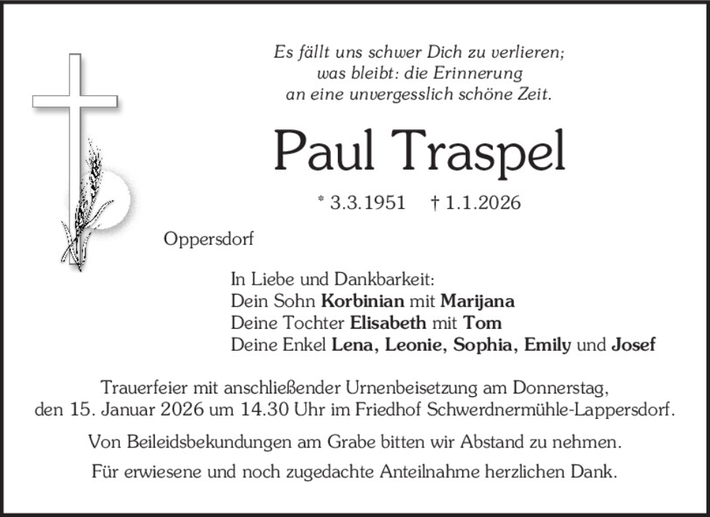  Traueranzeige für Paul Traspel vom 10.01.2026 aus Mittelbayerische Zeitung Regensburg