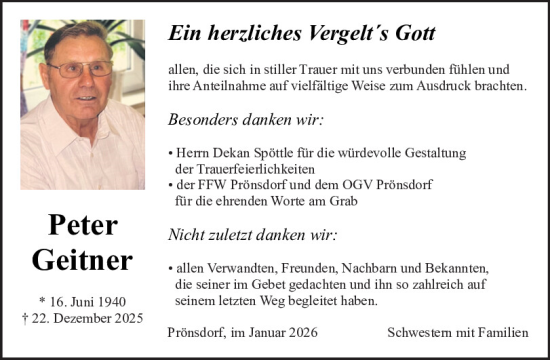 Traueranzeige von Peter Geitner von Neumarkter Tagblatt