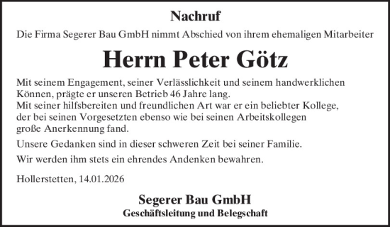 Traueranzeige von Peter Götz von Neumarkter Tagblatt