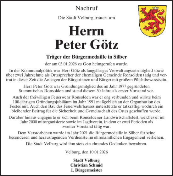 Traueranzeige von Peter Götz von Neumarkter Tagblatt