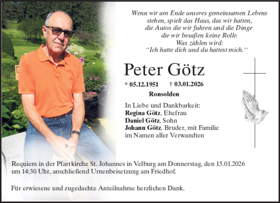 Traueranzeige von Peter Götz von Neumarkter Tagblatt