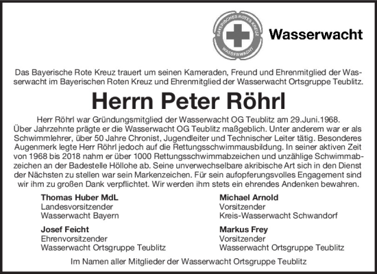Traueranzeige von Peter Röhrl von Mittelbayerische Zeitung Schwandorf