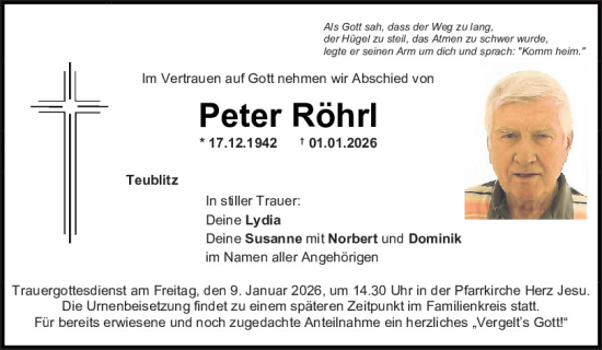 Traueranzeige von Peter Röhrl von Mittelbayerische Zeitung Schwandorf