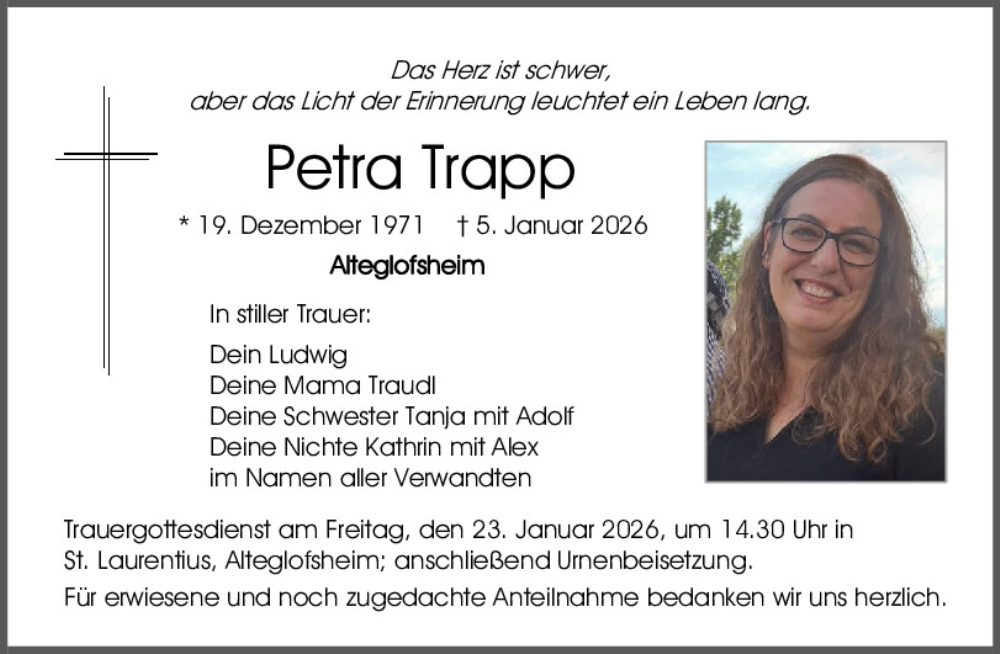  Traueranzeige für Petra Trapp vom 17.01.2026 aus Mittelbayerische Zeitung Regensburg