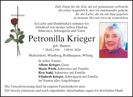 Traueranzeige von Petronilla Krieger von Bayerwald Echo
