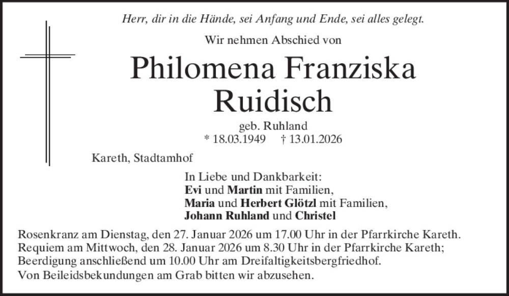  Traueranzeige für Philomena Franziska Ruidisch vom 17.01.2026 aus Mittelbayerische Zeitung Regensburg