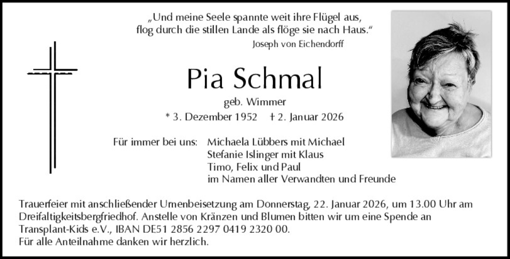  Traueranzeige für Pia Schmal vom 10.01.2026 aus Mittelbayerische Zeitung Regensburg