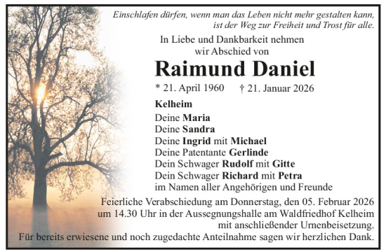 Traueranzeige von Raimund Daniel von Mittelbayerische Zeitung Kelheim