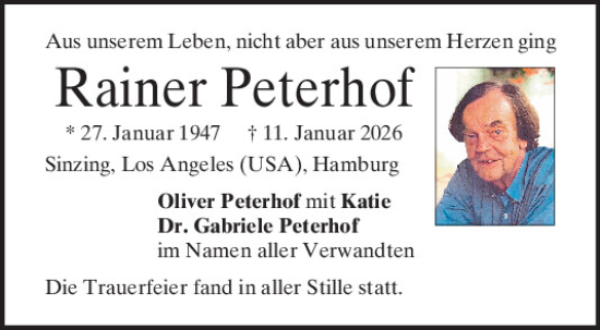 Traueranzeige von Rainer Peterhof von Mittelbayerische Zeitung Regensburg