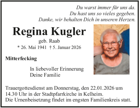 Traueranzeige von Regina Kugler von Mittelbayerische Zeitung Kelheim