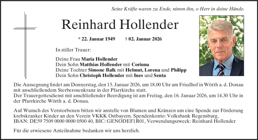  Traueranzeige für Reinhard Hollender vom 14.01.2026 aus Mittelbayerische Zeitung Regensburg